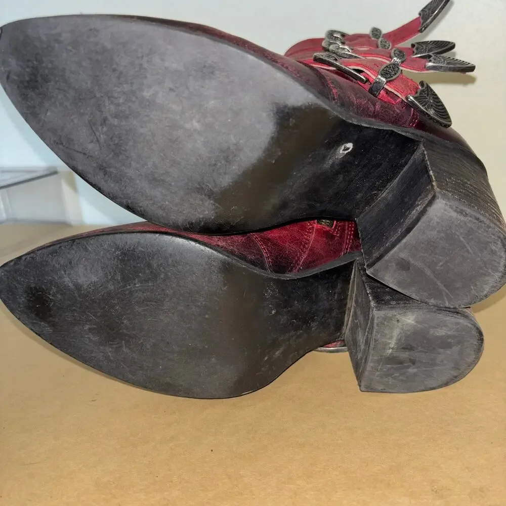 Circle G Women’s 7 Red Leather Ankle Boots Western Buckle Booties Made In Mexico - Picture 6 of 9